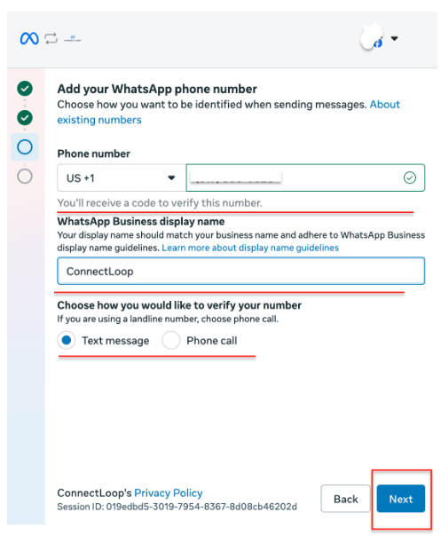 Add your WhatsApp phone number screen with the phone number, WhatsApp Business display name, and verification method filled in and the Next button highlighted