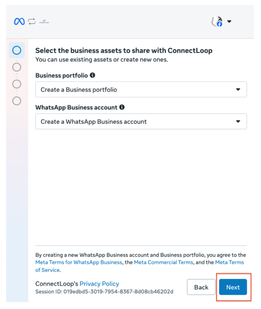 Business assets screen with both fields filled and the Next button highlighted