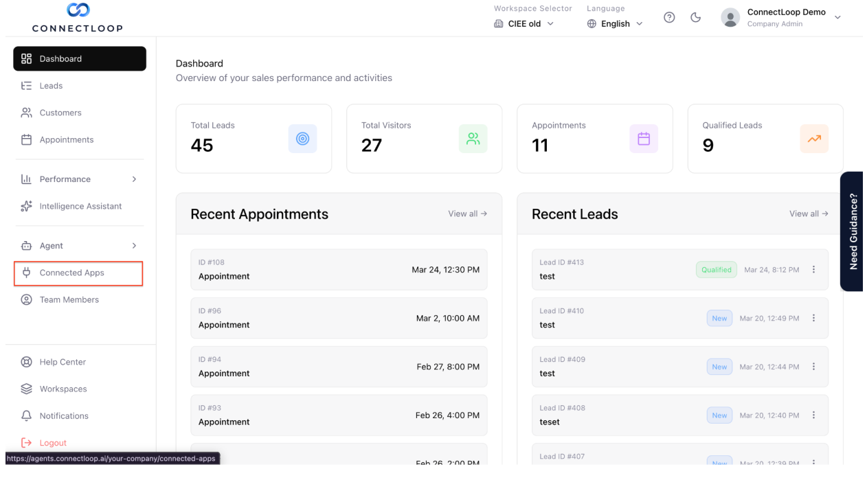ConnectLoop dashboard with Connected Apps highlighted in the left sidebar