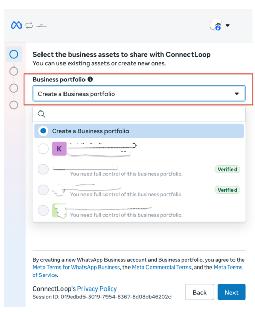 Business portfolio dropdown open with Create a Business portfolio selected
