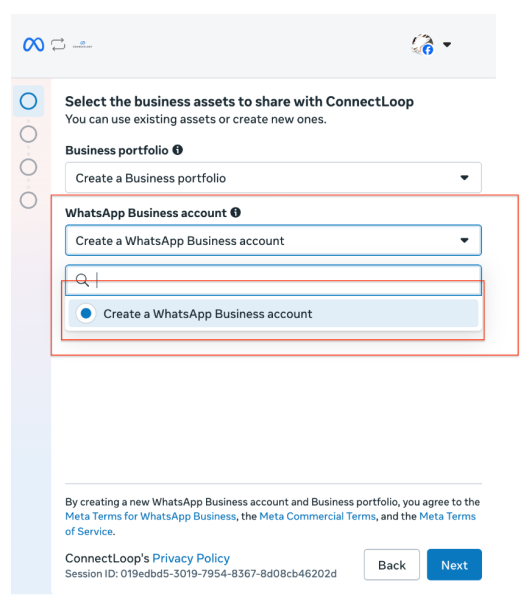 WhatsApp Business account dropdown open with Create a WhatsApp Business account selected