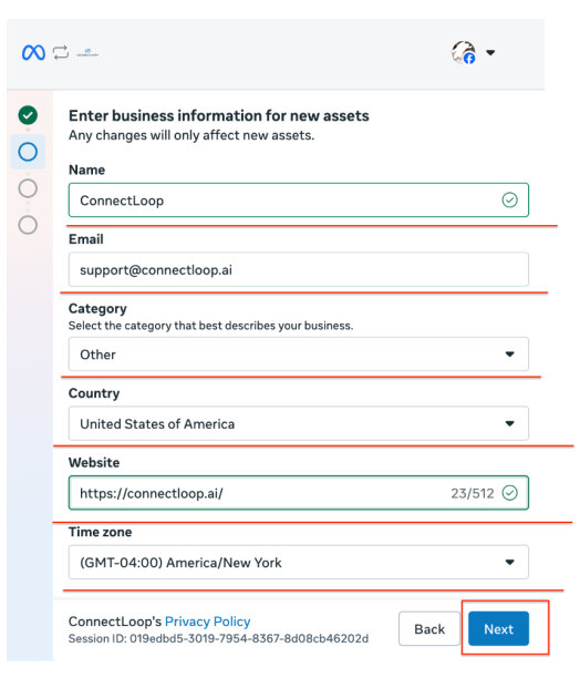 Enter business information for new assets form with Name, Email, Category, Country, Website, and Time zone fields filled in and the Next button highlighted