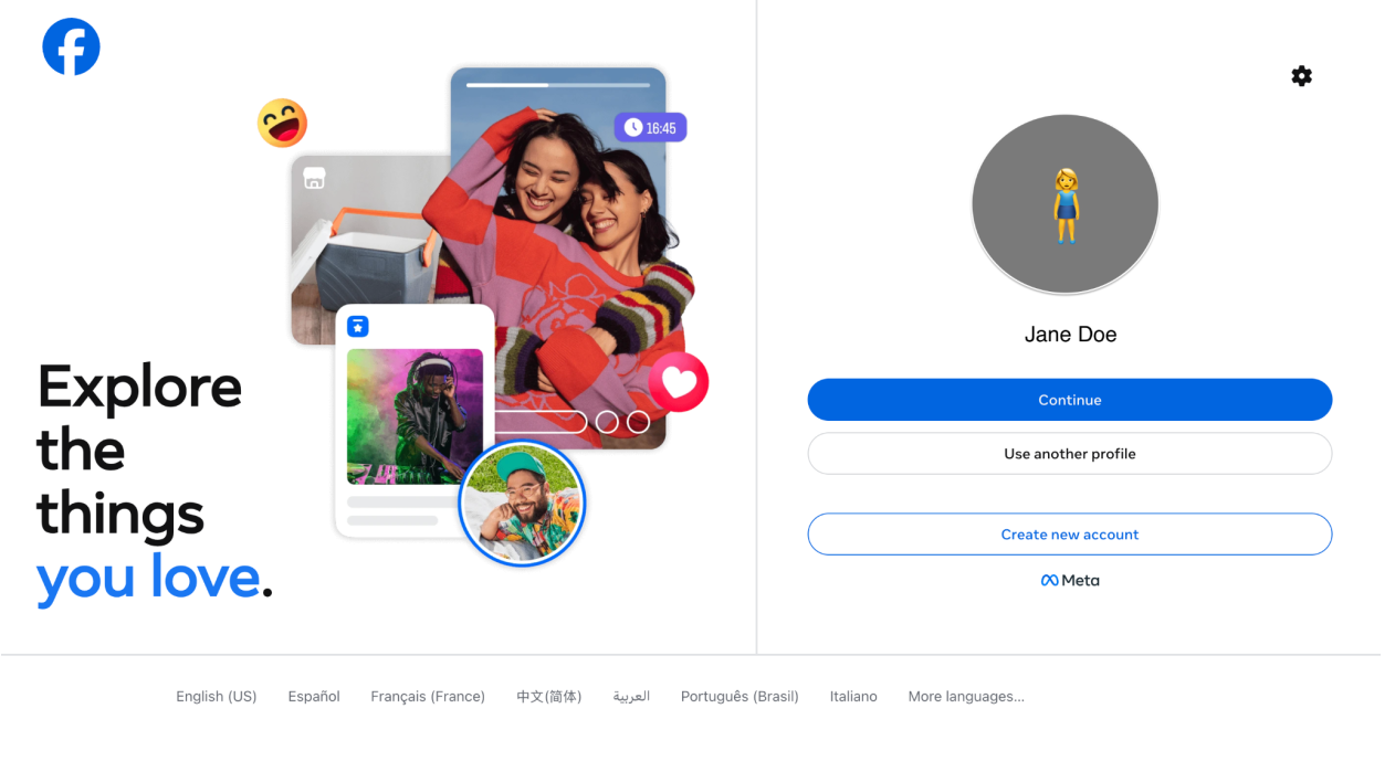 Facebook sign-in screen with a profile selected and the Continue button