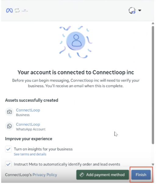 Account successfully connected to ConnectLoop screen showing the created assets with the Finish button highlighted