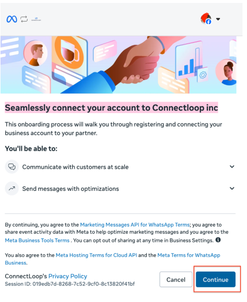 Seamlessly connect your account to ConnectLoop onboarding screen with the Continue button highlighted
