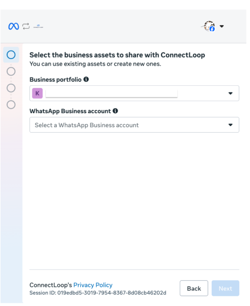 Select the business assets to share with ConnectLoop screen with Business portfolio and WhatsApp Business account fields
