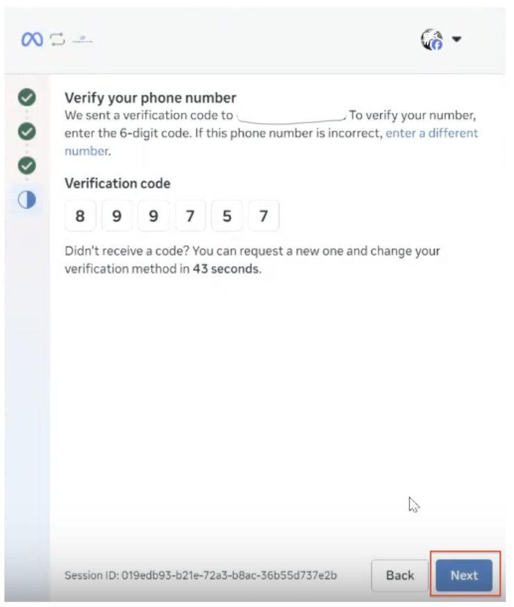 Verify your phone number screen with the 6-digit verification code entered and the Next button highlighted