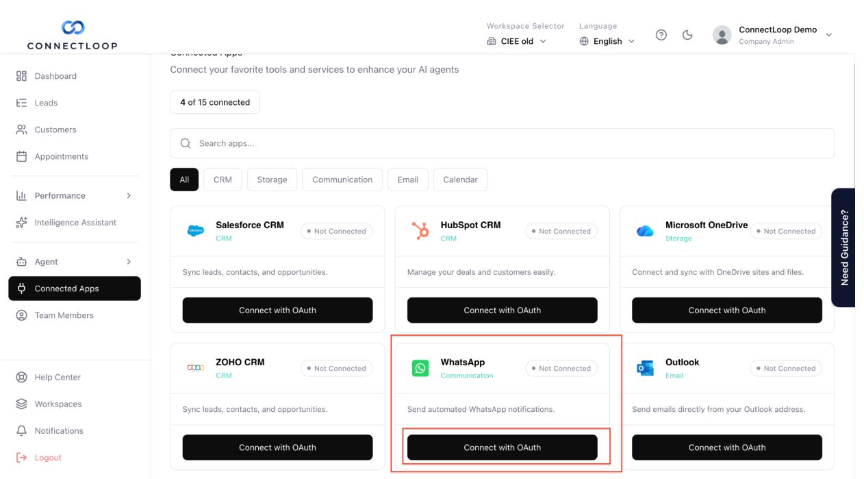 Connected Apps page with the WhatsApp card and its Connect with OAuth button highlighted