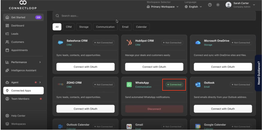 Connected Apps page showing the WhatsApp card with a green Connected badge